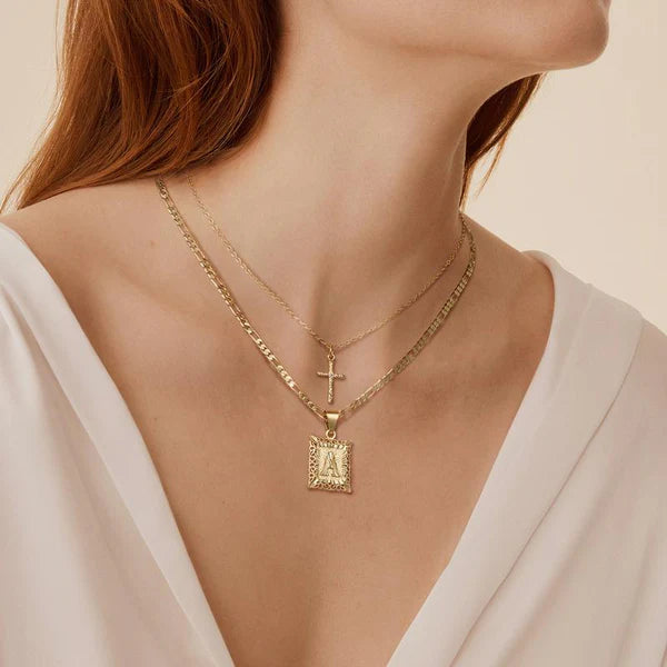 14k Initial & Cross Necklace Set